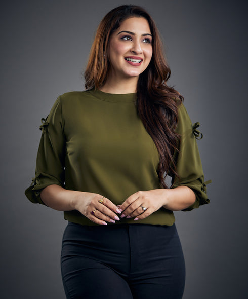 Bow Detailed Chiffon Khaki Top